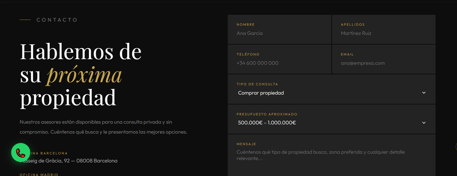 contacto Elite Properties-Plantilla Web