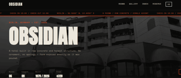 Presentación de template hotel Obsidian de StudioMaria Design, destacando un diseño brutalista y editorial para hoteles boutique